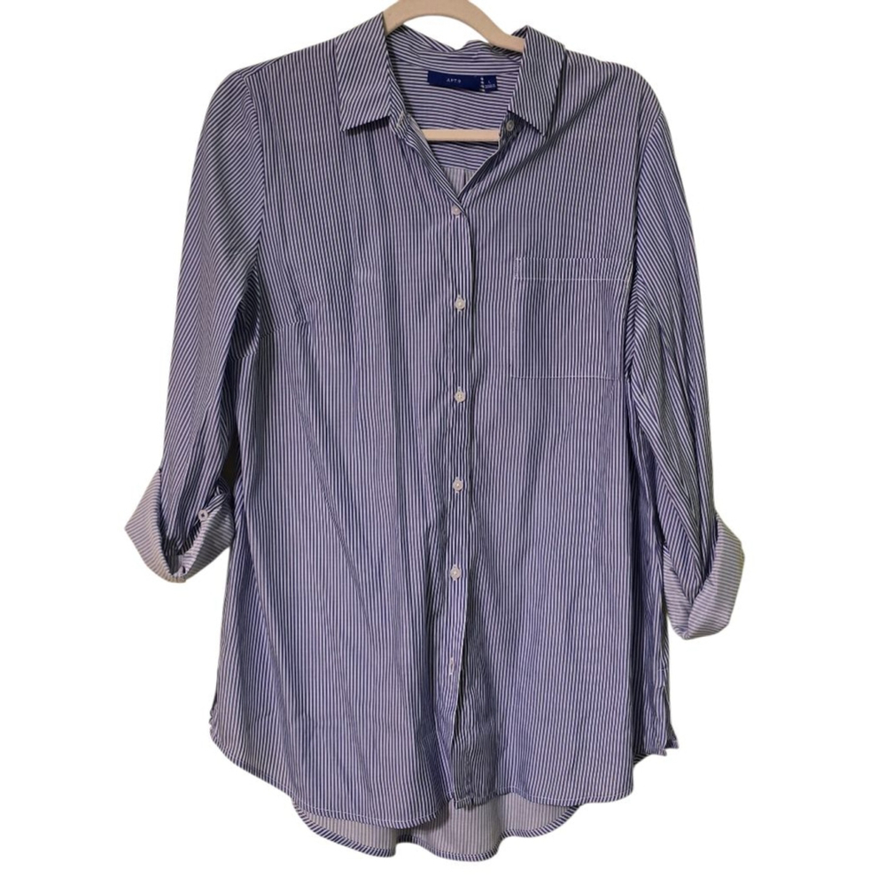 Women's APT.9 Blue White Striped Button Down Shirt L
Office, Casual‎